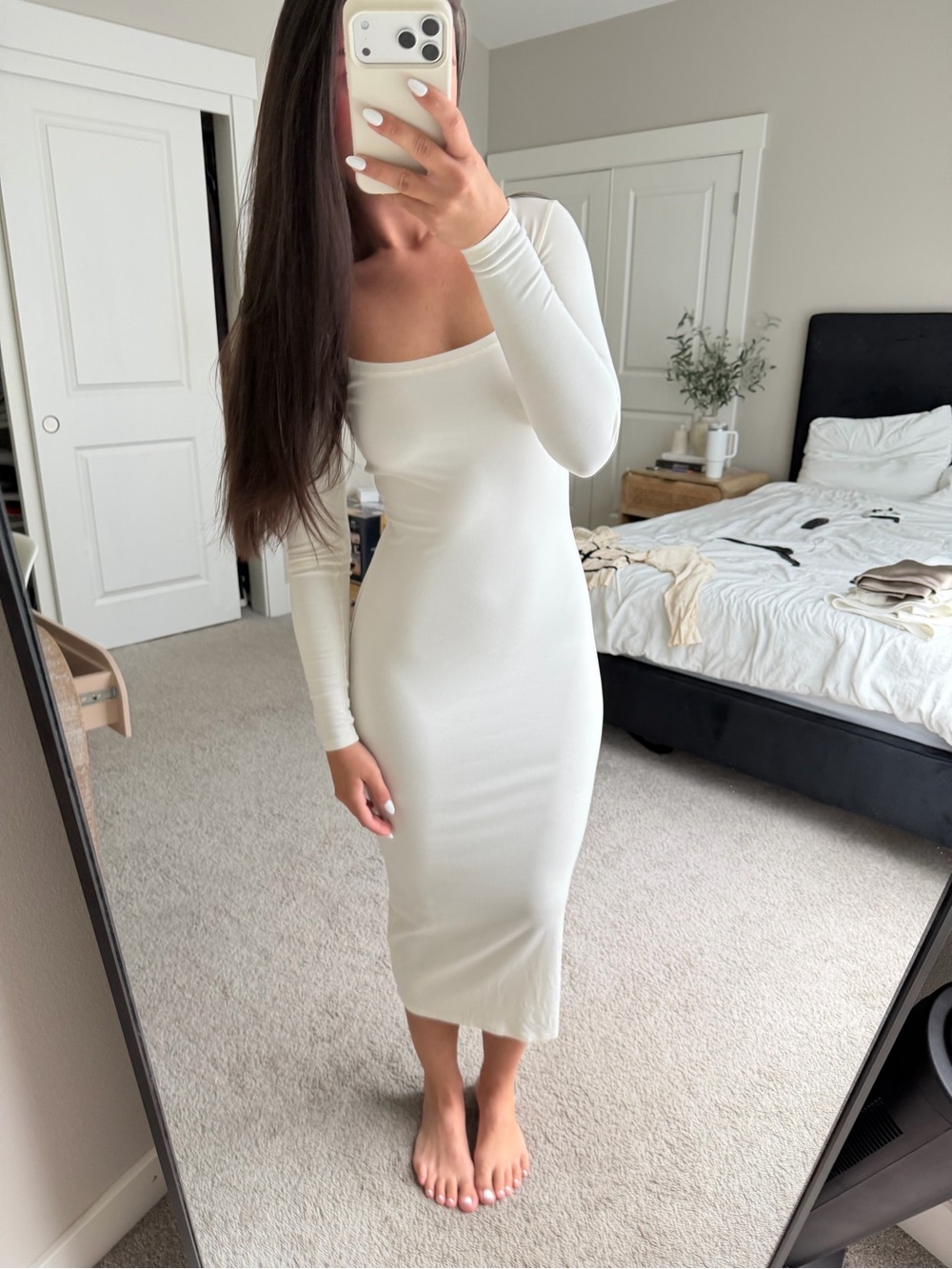 Babaton Cream Long-Sleeve Square Neck Midi Dress